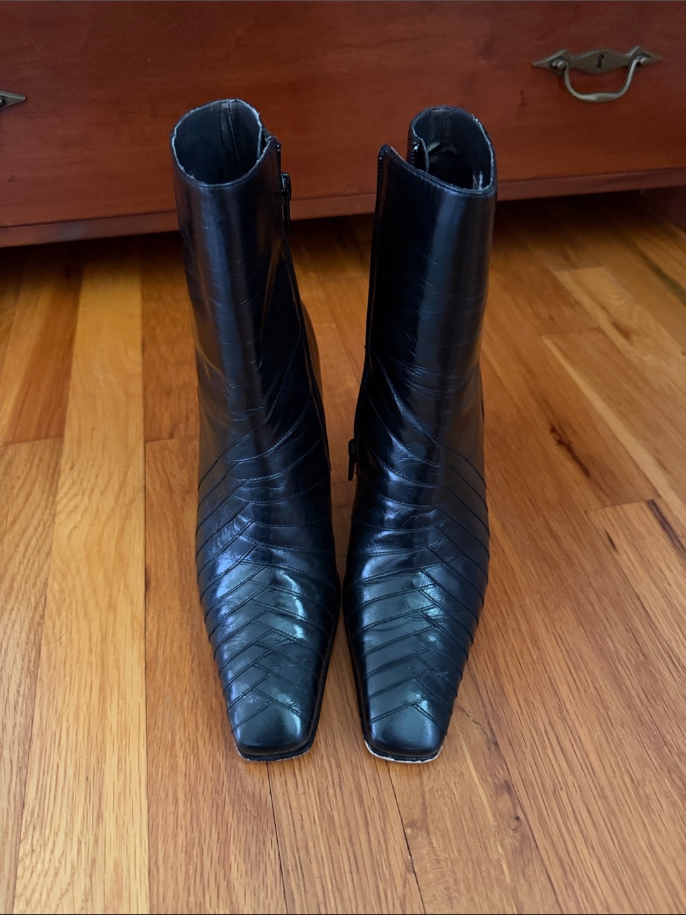 Ann Marino Black Leather Square-Toe Ankle Booties